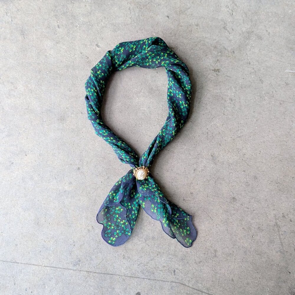 Vintage Echo Silk Navy Blue Green Yellow Floral Scalloped Square Scarf